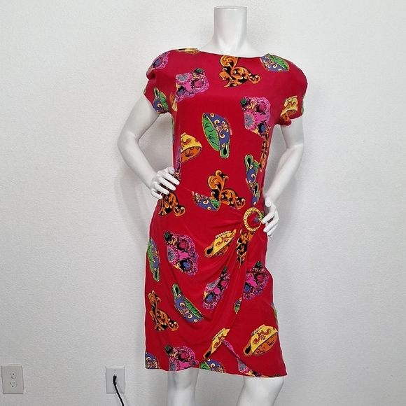 Richard Warren Vintage Red Tea Cup Retro Artsy Silk Knee Length Dress Size 6 - Picture 1 of 11